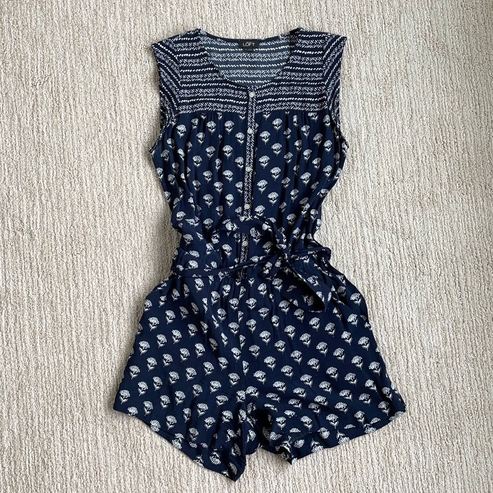 Loft navy blue and white romper